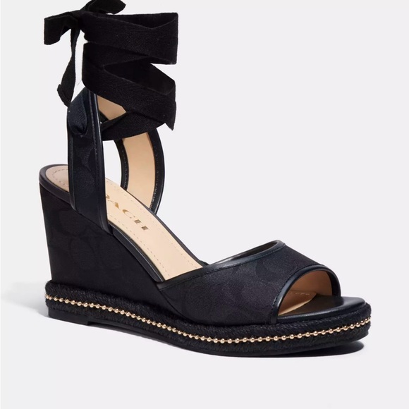 Coach Black Wedge Sandals with Ankle Ties NWOT Size 9.5 - Picture 3 of 12